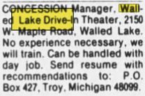 Mar 1985 help wanted ad Walake Drive-In Theatre, Walled Lake
